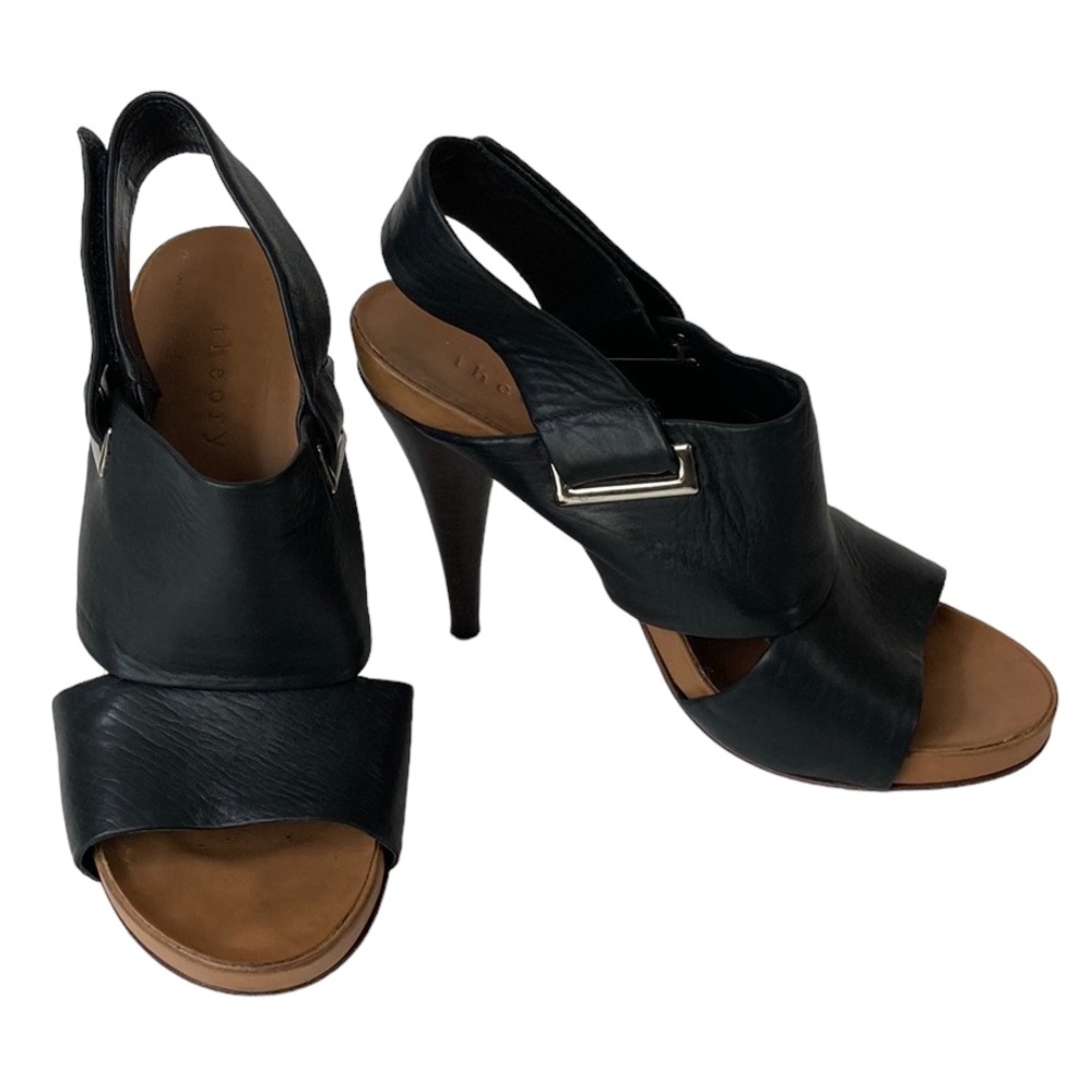 Theory Black Leather Sling Back Heeled Sandal - Picture 13 of 13